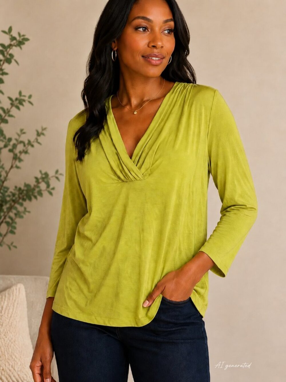NWT Doncaster Collection Chartreuse Draped V-Neck Top 3/4 Sleeve Large